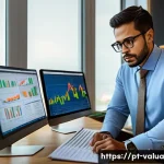 Home 19 가치투자와 정서적 투자 결정 - A professional Brazilian investor in a modern home office setting, analyzing detailed financial repo...