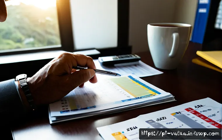 Home 17 가치투자 성공을 위한 필수 습관 - Photorealistic morning scene of a thoughtful middle-aged Brazilian investor reviewing printed compan...